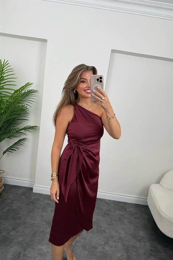Lüx Kalite Tek Omuz Midi Boy Anvelop Elbise Bordo