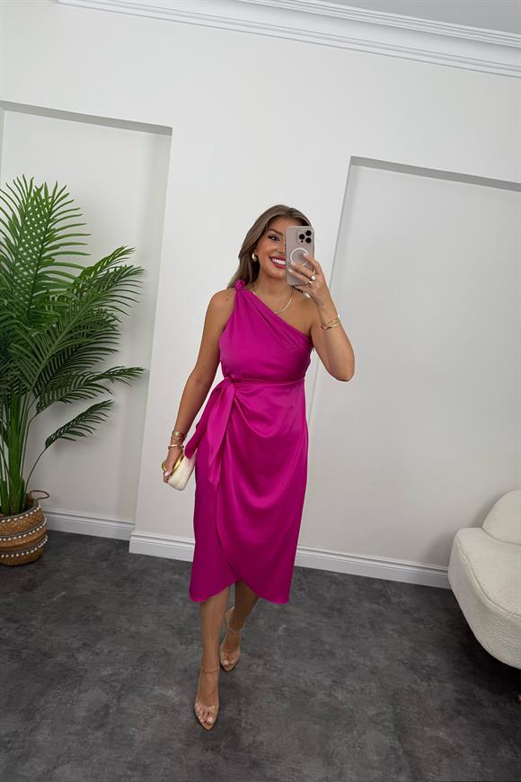 Lüx Kalite Tek Omuz Midi Boy Anvelop Elbise Fuşya 
