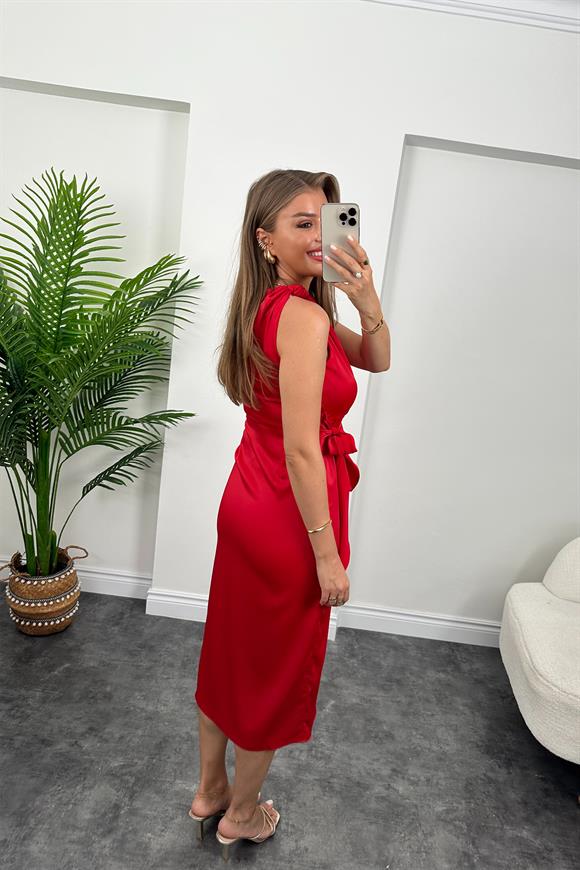 Lüx Kalite Tek Omuz Midi Boy Anvelop Elbise Kırmızı