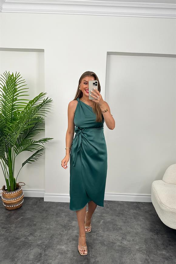 Lüx Kalite Tek Omuz Midi Boy Anvelop Elbise Zümrüt