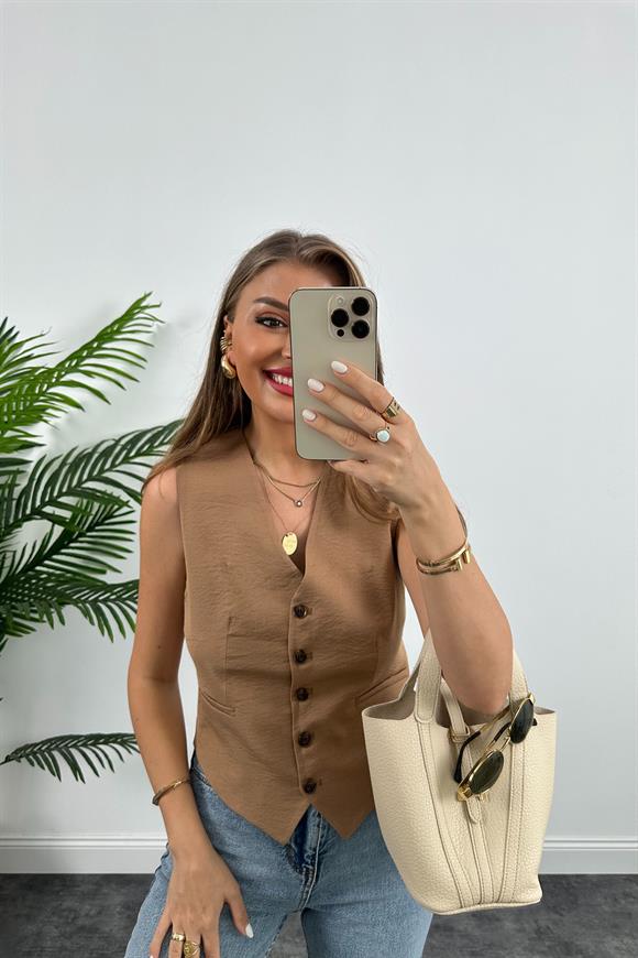 Lüx Kalite Tensel Keten Astarlı Basic Yelek Camel