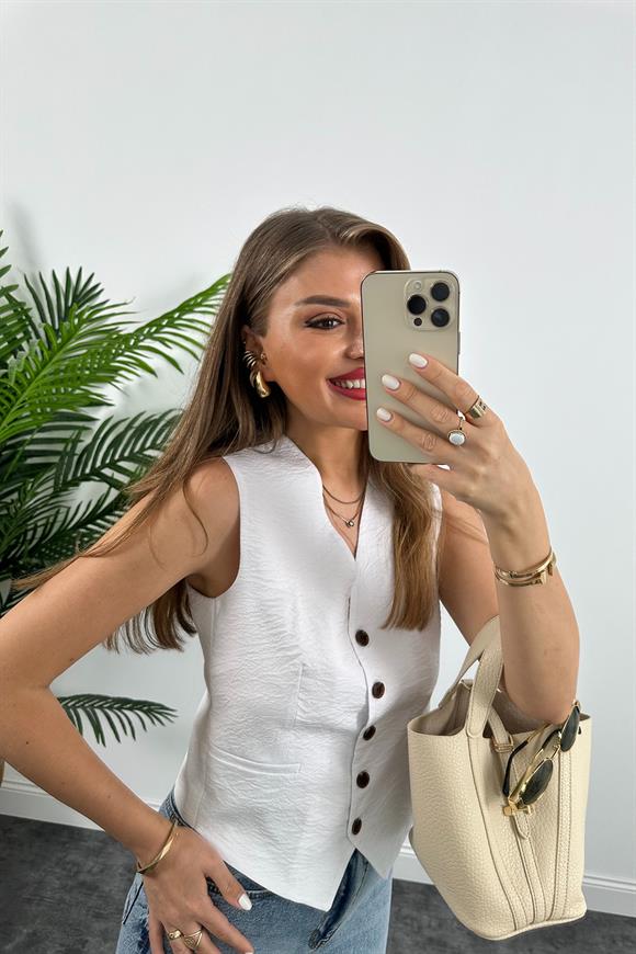 Lüx Kalite Tensel Keten Astarlı Basic Yelek Beyaz