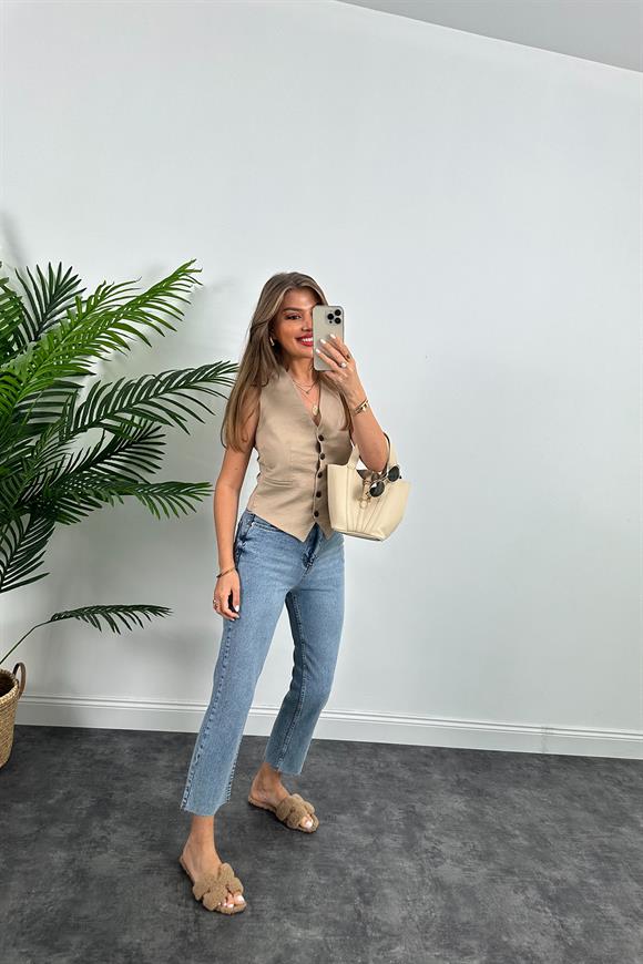 Lüx Kalite Tensel Keten Astarlı Basic Yelek Taş