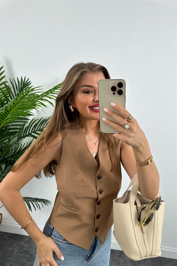 Lüx Kalite Tensel Keten Astarlı Basic Yelek Camel