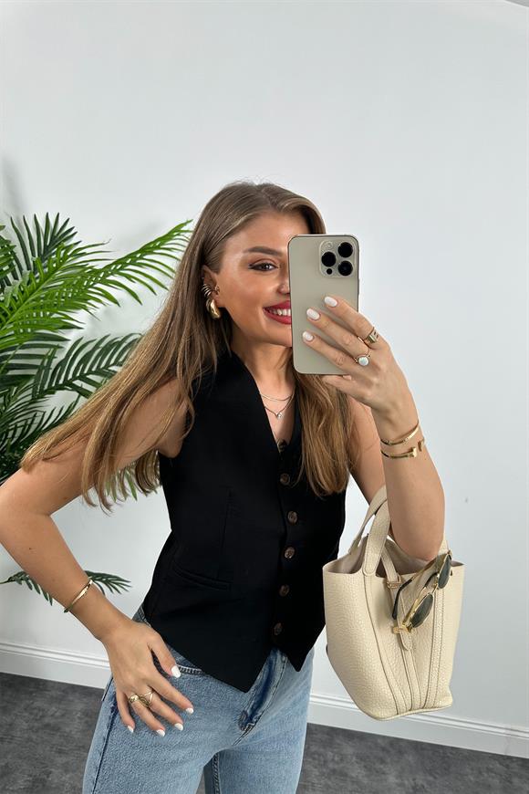 Lüx Kalite Tensel Keten Astarlı Basic Yelek Siyah