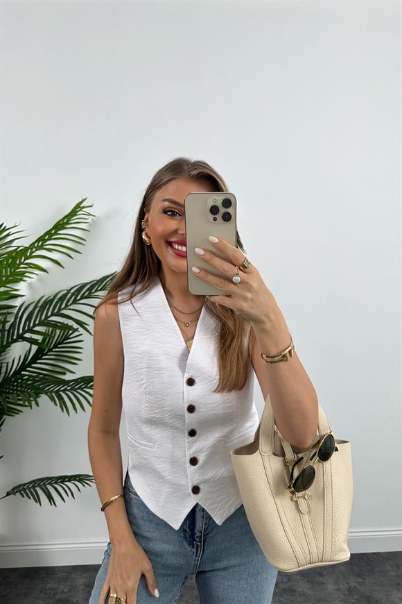 Lüx Kalite Tensel Keten Astarlı Basic Yelek Beyaz