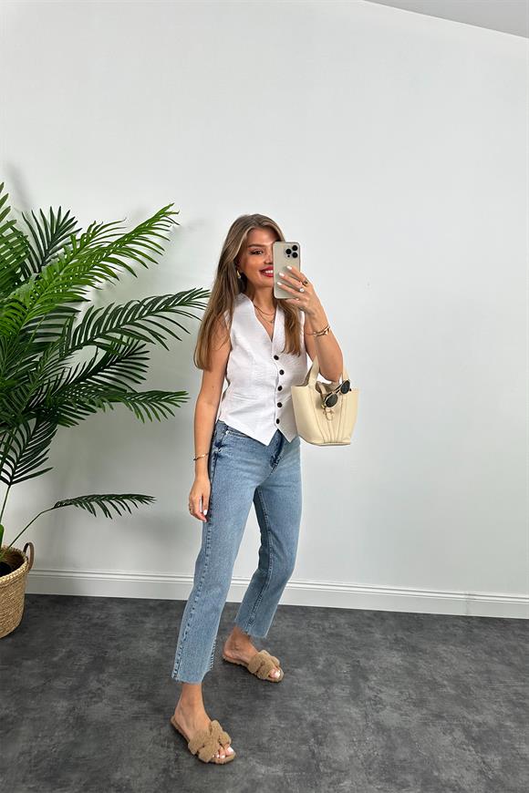 Lüx Kalite Tensel Keten Astarlı Basic Yelek Beyaz