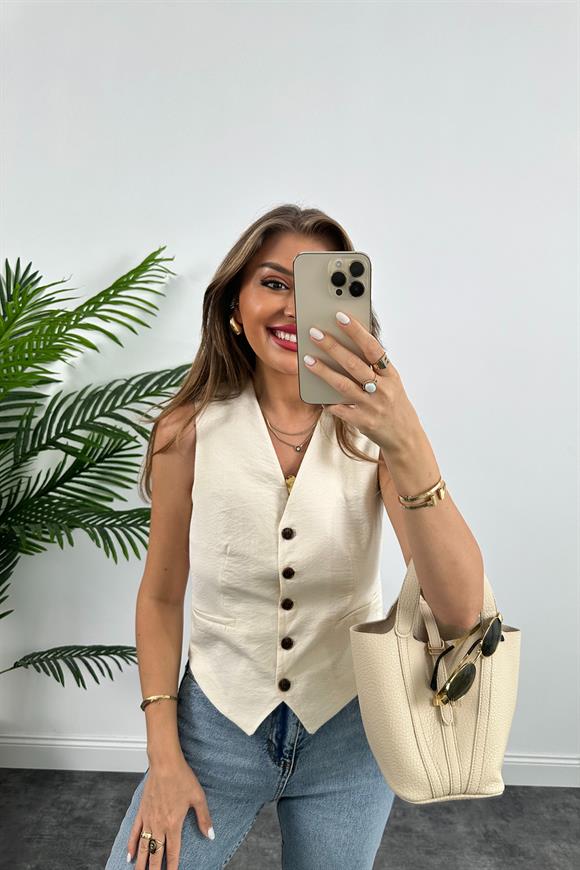 Lüx Kalite Tensel Keten Astarlı Basic Yelek Ekru