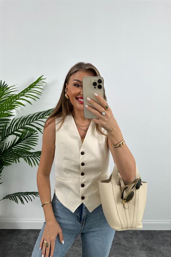Lüx Kalite Tensel Keten Astarlı Basic Yelek Ekru