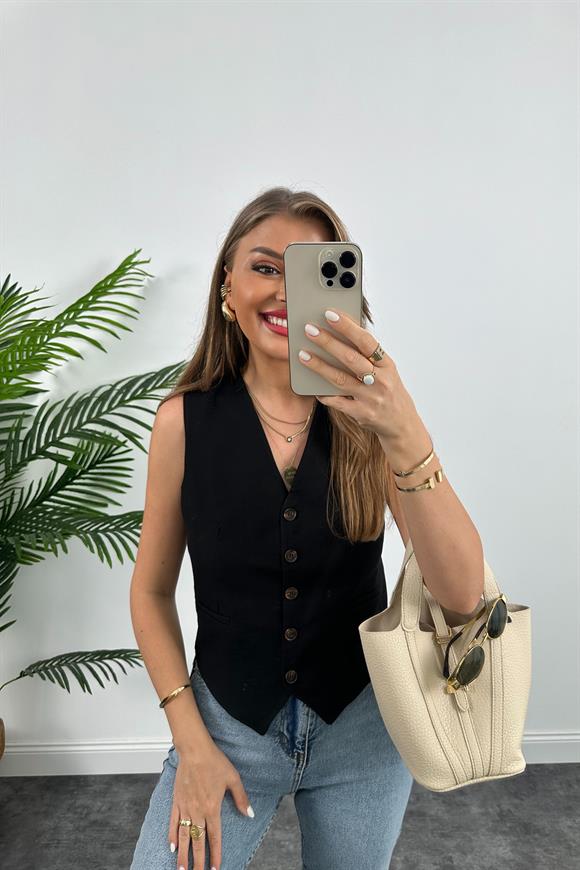 Lüx Kalite Tensel Keten Astarlı Basic Yelek Siyah