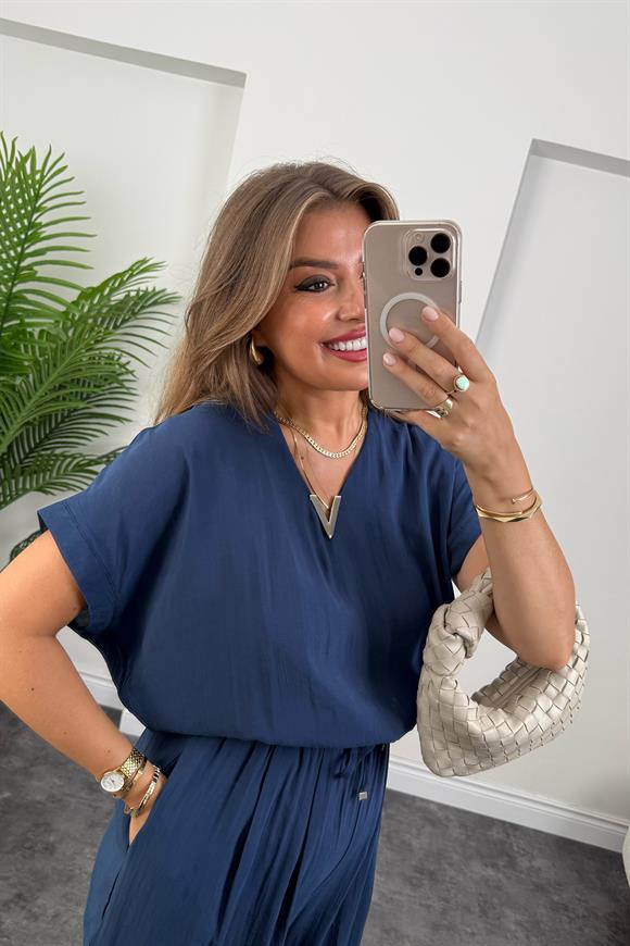 Lüx Kalite Tensel Kumaş Harem Tulum İndigo