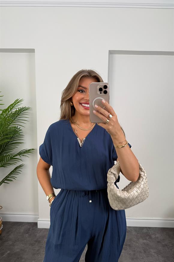 Lüx Kalite Tensel Kumaş Harem Tulum İndigo