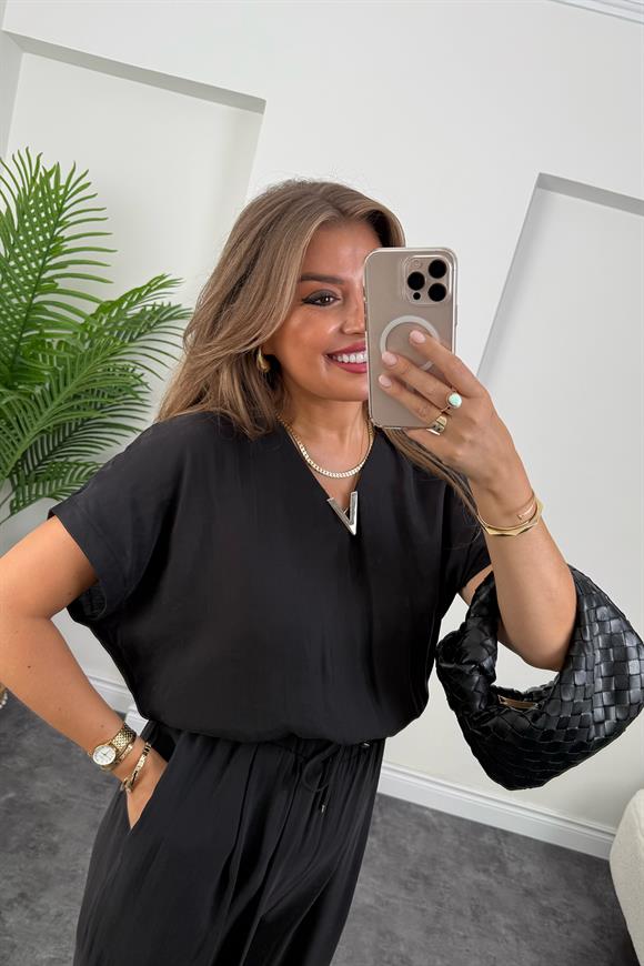 Lüx Kalite Tensel Kumaş Harem Tulum Siyah