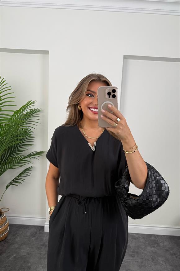 Lüx Kalite Tensel Kumaş Harem Tulum Siyah