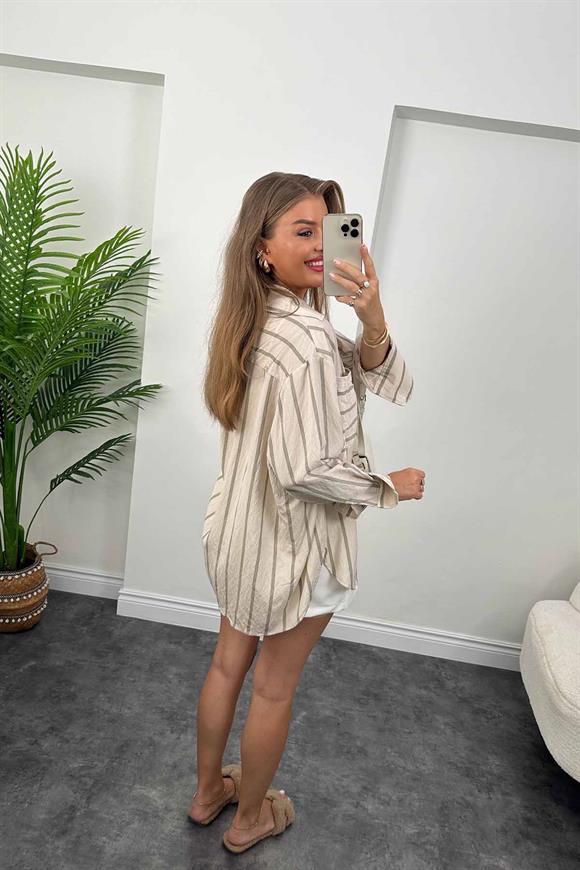 Lüx Kalite Tensel Salaş Gömlek Yeşil Çizgili