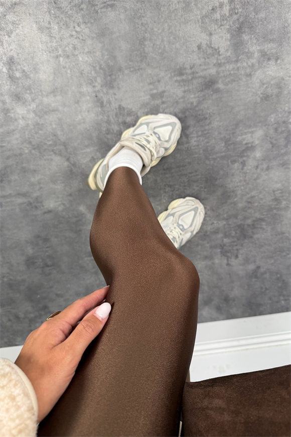 Lüx Kalite Toparlayıcı Parlak Disko Tayt Acı Kahve