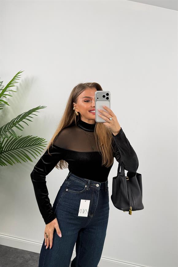 Lüx Kalite Transparan Detaylı Tasarım Kadife Bodysuit