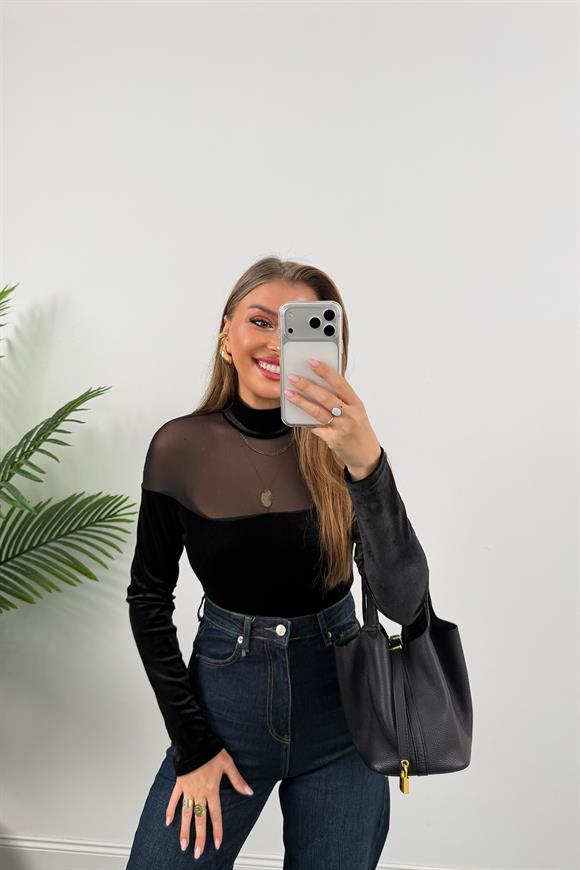 Lüx Kalite Transparan Detaylı Tasarım Kadife Bodysuit