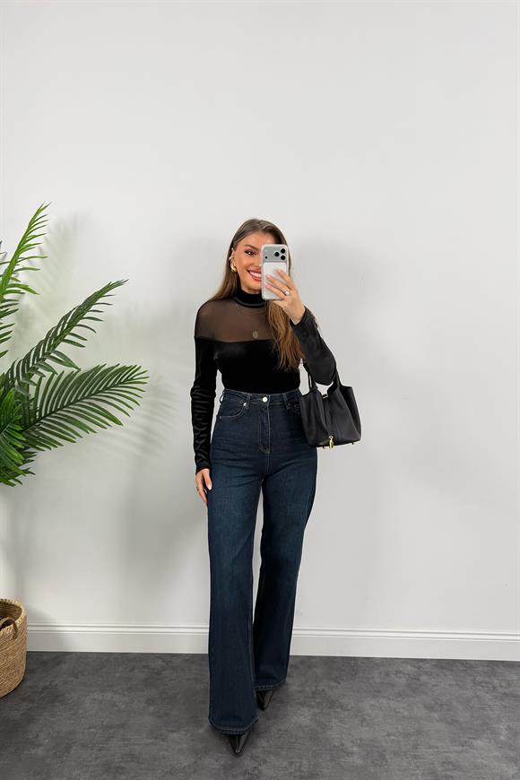 Lüx Kalite Transparan Detaylı Tasarım Kadife Bodysuit