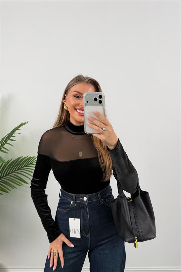 Lüx Kalite Transparan Detaylı Tasarım Kadife Bodysuit