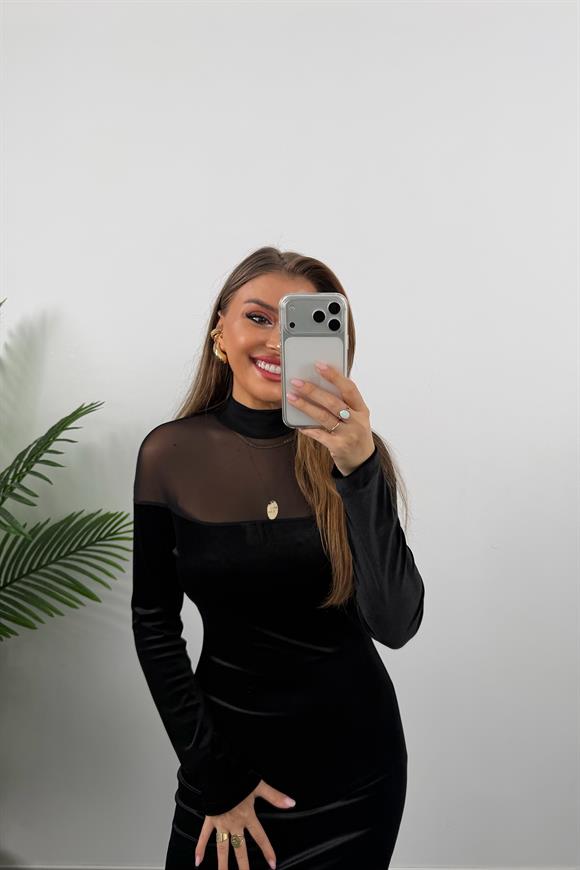 Lüx Kalite Transparan Detaylı Tasarım Kadife Elbise