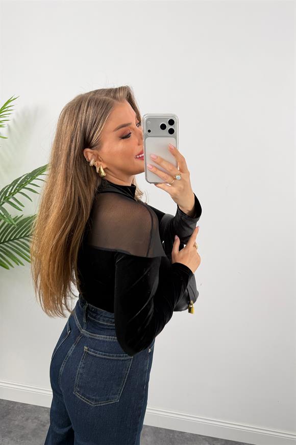 Lüx Kalite Transparan Detaylı Tasarım Kadife Bodysuit