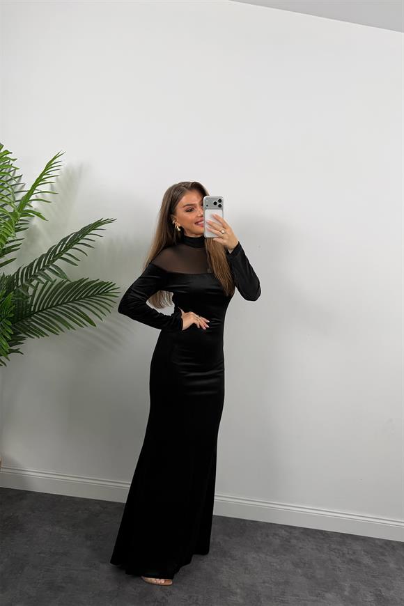 Lüx Kalite Transparan Detaylı Tasarım Kadife Elbise