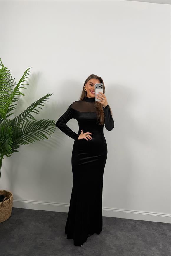 Lüx Kalite Transparan Detaylı Tasarım Kadife Elbise