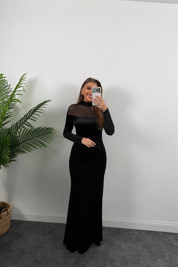 Lüx Kalite Transparan Detaylı Tasarım Kadife Elbise