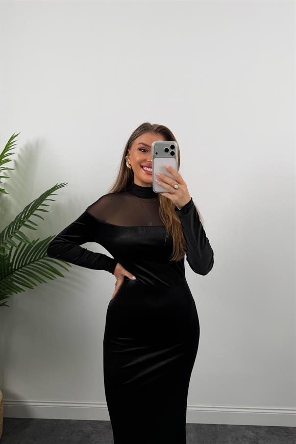 Lüx Kalite Transparan Detaylı Tasarım Kadife Elbise