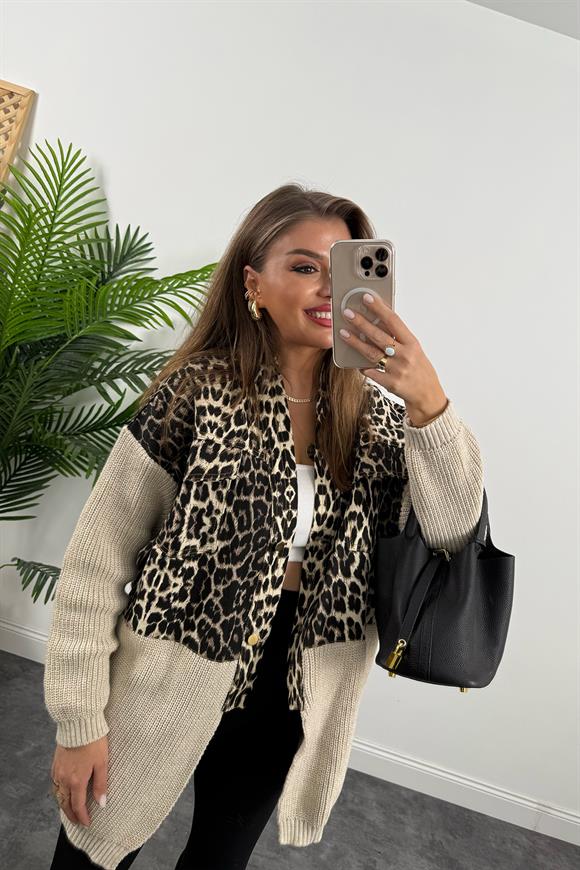 Lüx Kalite Triko Mixli Üstü Gabardin İri Leopar Desenli Tasarım Ceket Taş