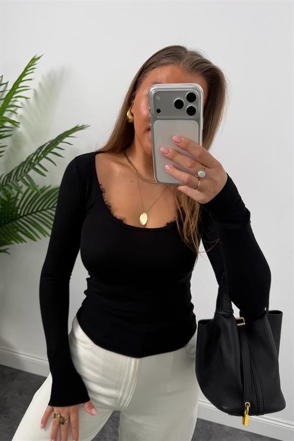 Lüx Kalite U Yaka Dantelli Likralı Viskon Bluz Siyah