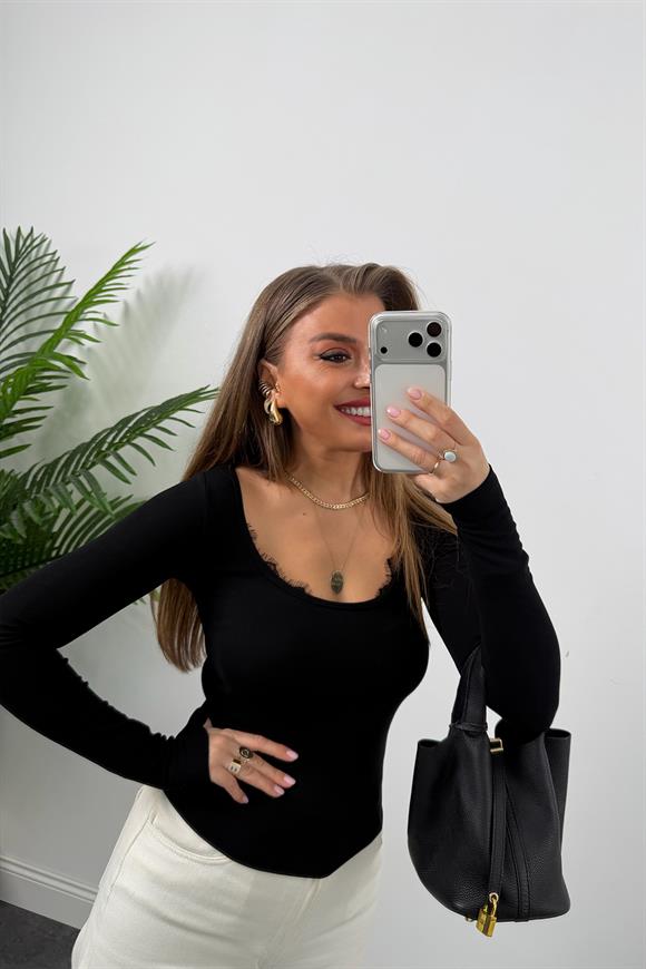 Lüx Kalite U Yaka Dantelli Likralı Viskon Bluz Siyah