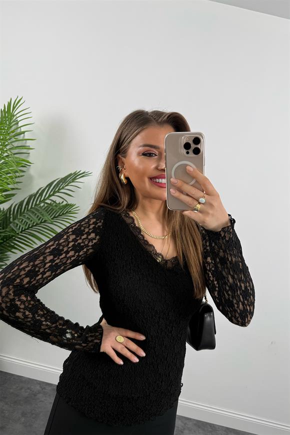 Lüx Kalite V Yaka Likralı Dantel Bluz Siyah