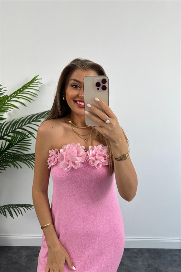 Lüx Kalite Yakası Çiçekli Likralı Tasarım Örme Elbise  Pembe