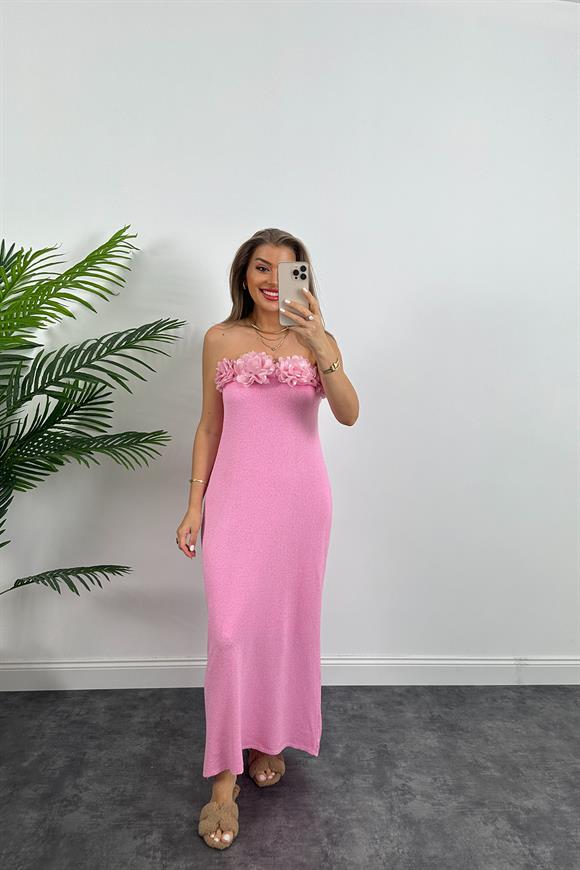 Lüx Kalite Yakası Çiçekli Likralı Tasarım Örme Elbise  Pembe