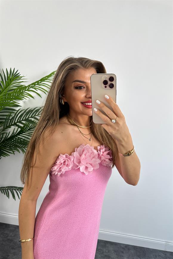 Lüx Kalite Yakası Çiçekli Likralı Tasarım Örme Elbise  Pembe
