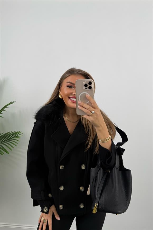 Lüx Kalite Yakası Kürklü Apoletli Kaşe Trenç kaban Siyah