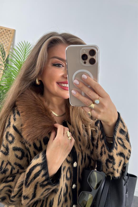 Lüx Kalite Yakası Kürklü Yumoş Leopar Hırka Taba Kürklü