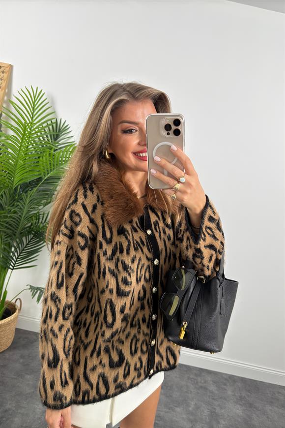 Lüx Kalite Yakası Kürklü Yumoş Leopar Hırka Taba Kürklü