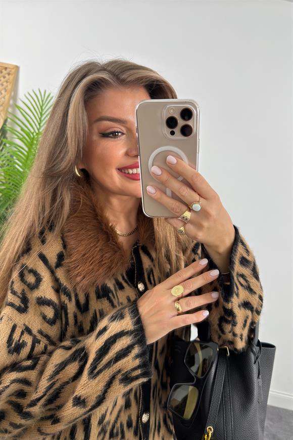 Lüx Kalite Yakası Kürklü Yumoş Leopar Hırka Taba Kürklü