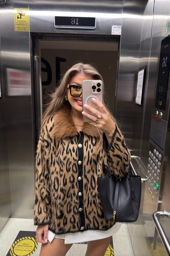 Lüx Kalite Yakası Kürklü Yumoş Leopar Hırka Taba Kürklü