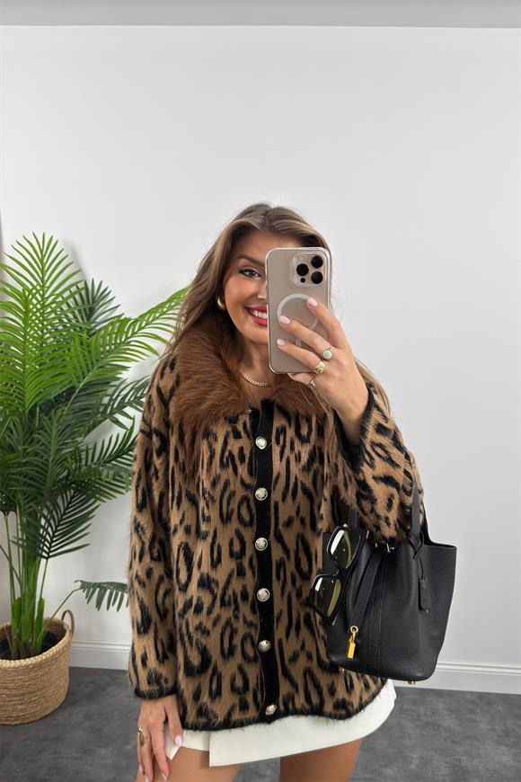 Lüx Kalite Yakası Kürklü Yumoş Leopar Hırka Taba Kürklü