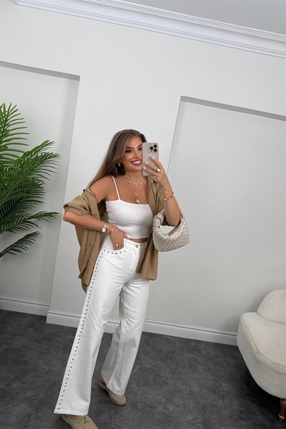 Lüx Kalite Yanı Zımbalı Tam Pamuklu Beyaz Jean