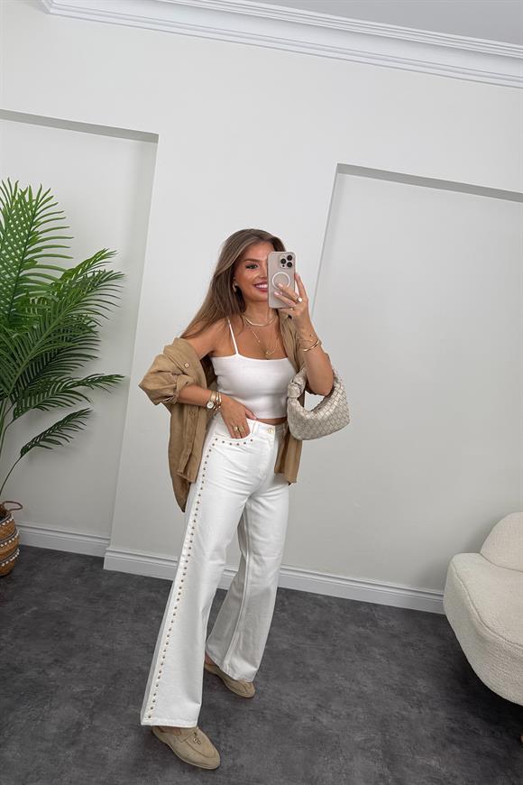 Lüx Kalite Yanı Zımbalı Tam Pamuklu Beyaz Jean