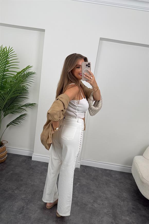 Lüx Kalite Yanı Zımbalı Tam Pamuklu Beyaz Jean