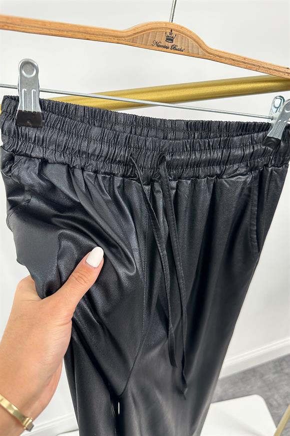 Lüx Kalite Yumuşak Dokulu Beli Lastikli Metalik Siyah Palazzo Pantolon