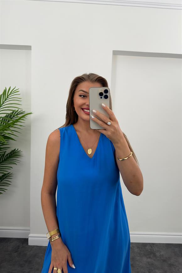 Lüx Kalite Tensel Kumaş V Yaka Basic Elbise Mavi