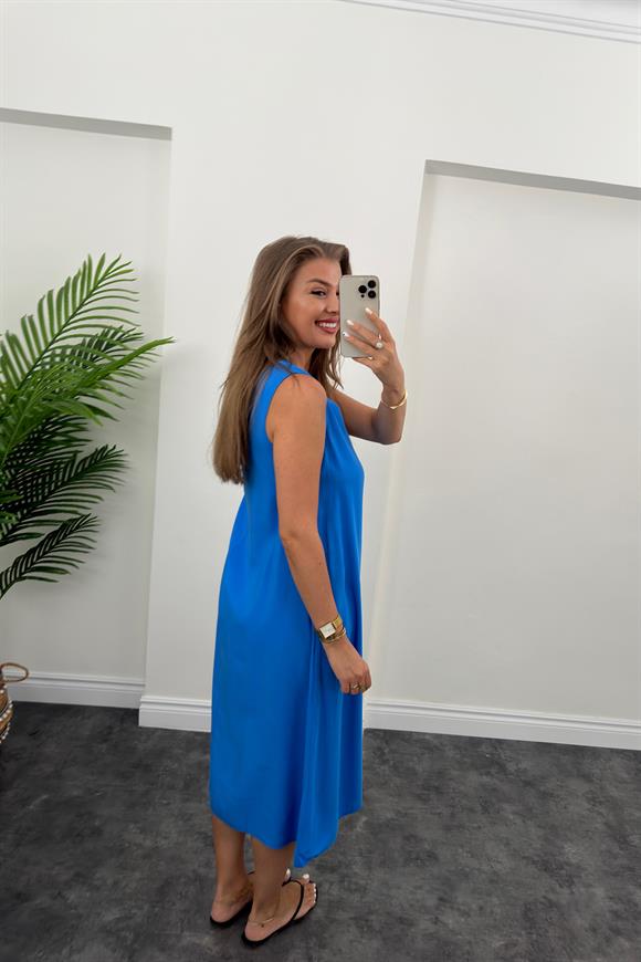 Lüx Kalite Tensel Kumaş V Yaka Basic Elbise Mavi