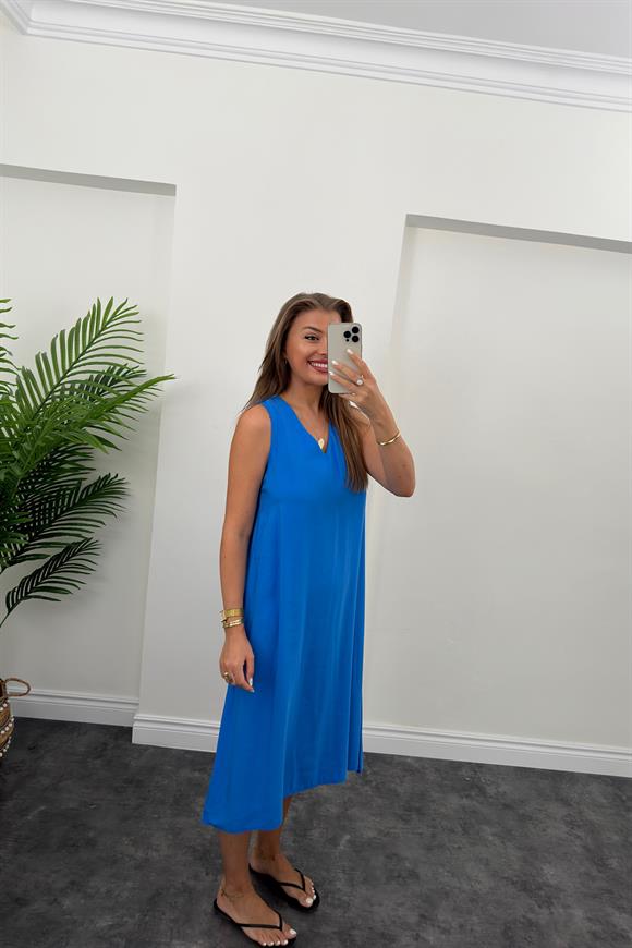 Lüx Kalite Tensel Kumaş V Yaka Basic Elbise Mavi